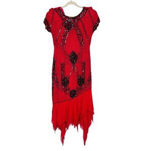 Vintage Beaded silk Midi Dress Swee Lo Flapper Small Red Black Sequin Asymmetric